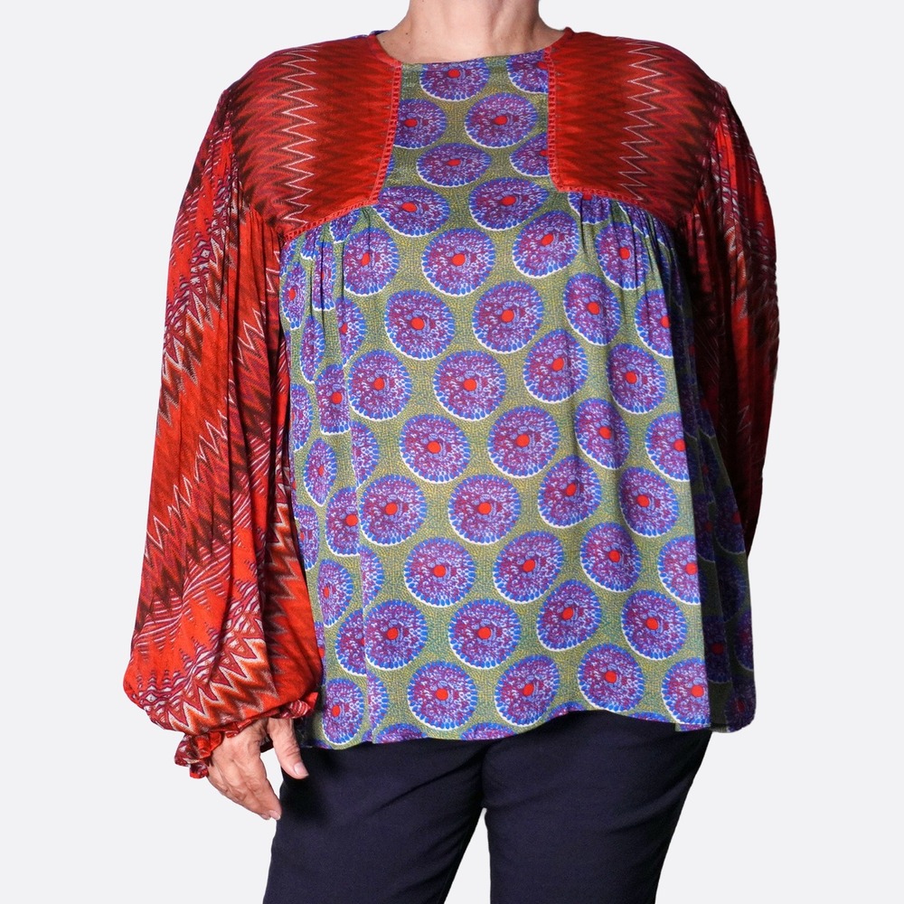 Blank London Boho Blouse 1X XL 14 16 Red Blue Aztec Mandala Print Lantern Sleeve